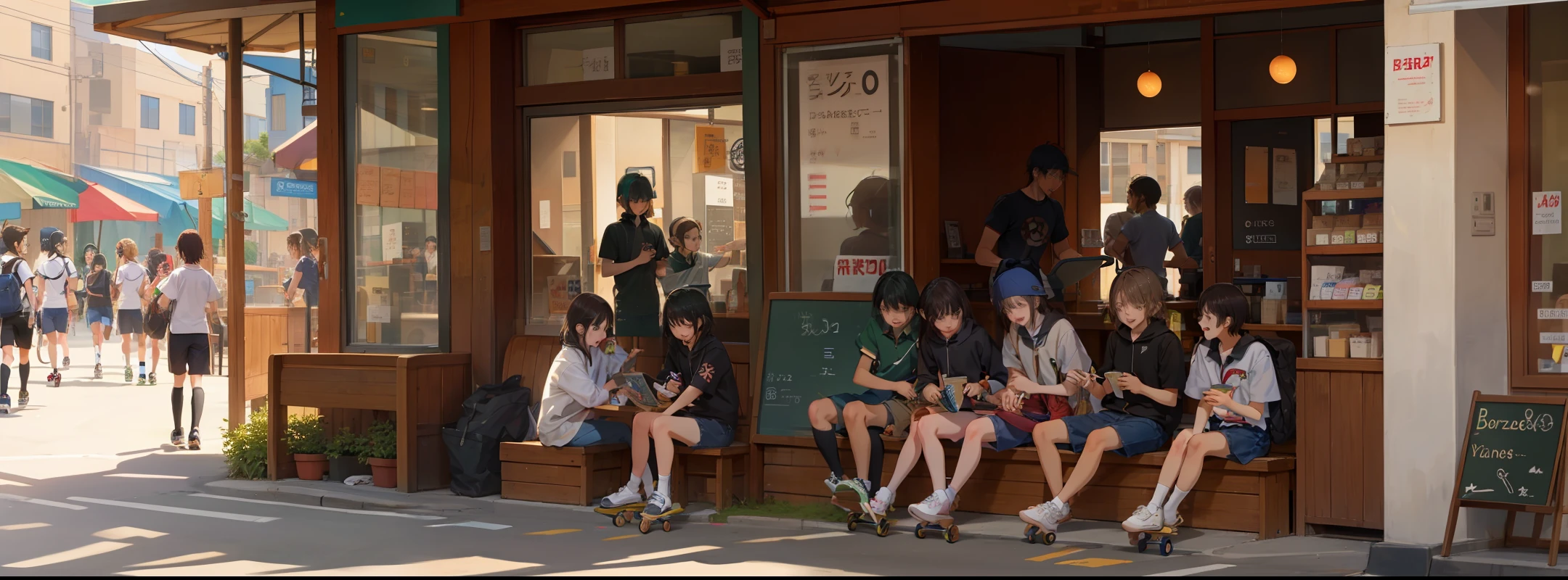 many little students in starbuck ordering, with skate boards, talking, laughing, just after school