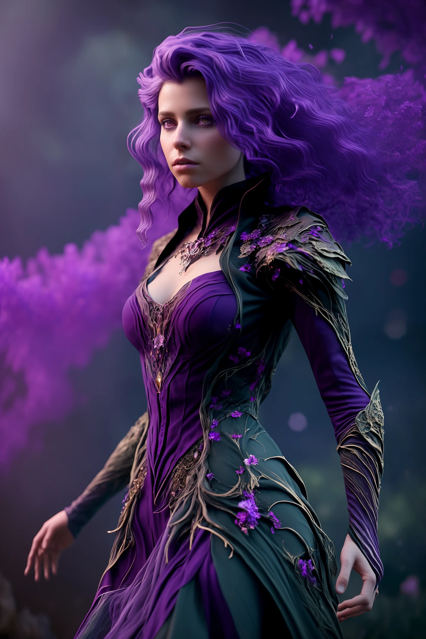 Full body shot, facing camera, realistic digital painting portrait of a gothic female enchantress, (curly hair:1.1), (purple hair:1.3), magical dark and red universe, magic cloth armor with black and purple engrave in intricate details, movement, walking forward, slow-motion, very detailed eyes, (abstract background:1.2), (very detailed skin:1.2), (game concept:1.3), (elden ring style:1.3), (arcane style:0.8), (depth of field:1.3), volumetric lighting, global illumination, art by viktoria gavrilenko