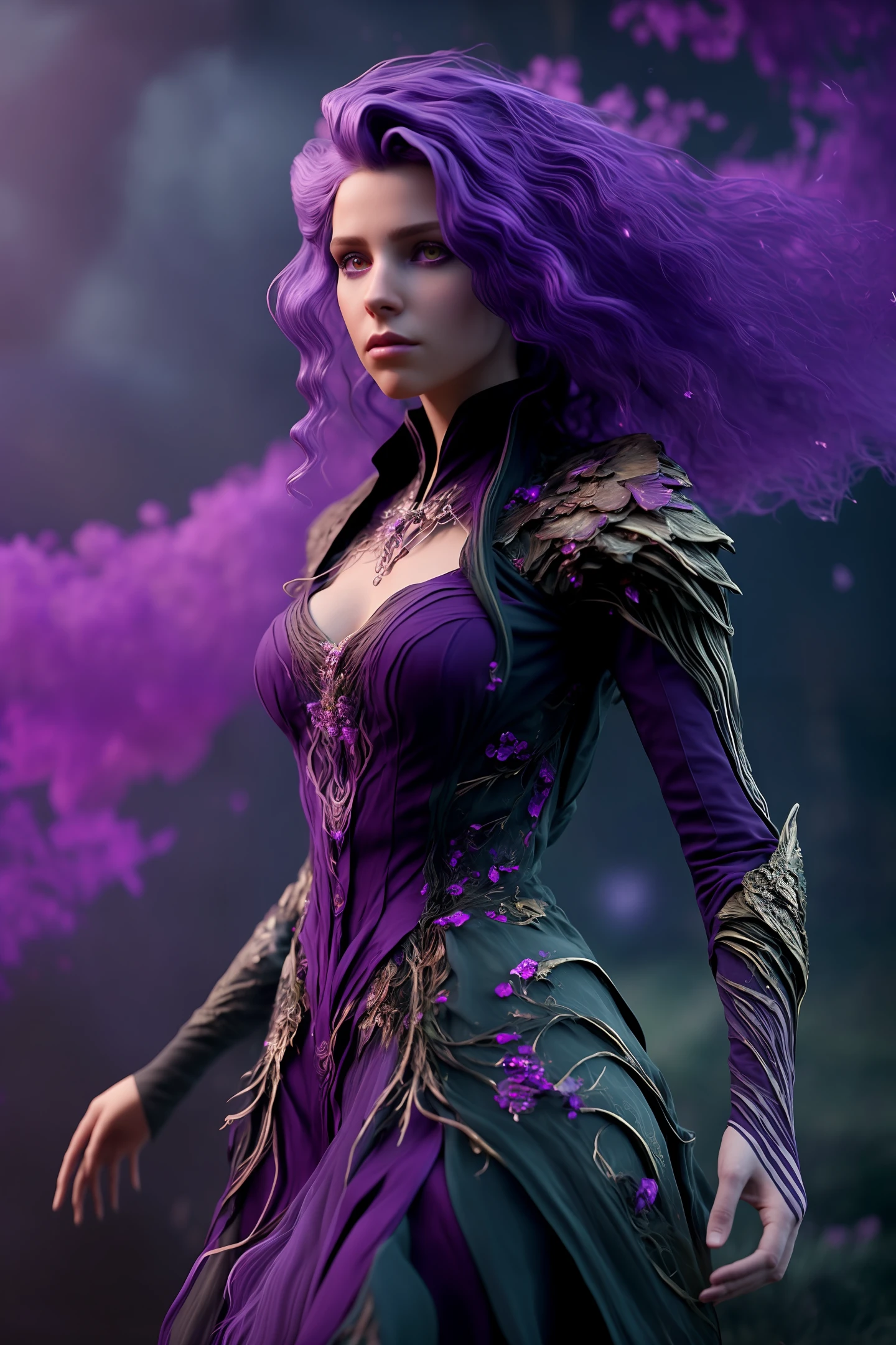 Full body shot, facing camera, realistic digital painting portrait of a gothic female enchantress, (curly hair:1.1), (purple hair:1.3), magical dark and red universe, magic cloth armor with black and purple engrave in intricate details, movement, walking forward, slow-motion, very detailed eyes, (abstract background:1.2), (very detailed skin:1.2), (game concept:1.3), (elden ring style:1.3), (arcane style:0.8), (depth of field:1.3), volumetric lighting, global illumination, art by viktoria gavrilenko