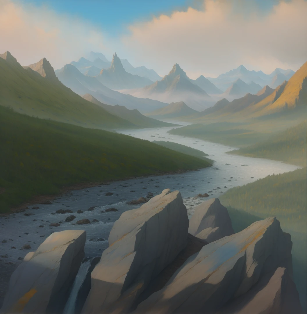 ((mastpeice)) painting of a river running through a valley with mountains in the background, distant valley, fantasy landscape painting, detailed soft painting, high fantasy landscape, oil painting dnd, inspired by Thomas Moran, middle earth landscape, mountainscape, detailed matte fantasy painting, inspired by Christophe Vacher, fantasy scenic, flowing hills, rocky mountains and a river, wlop and rhads