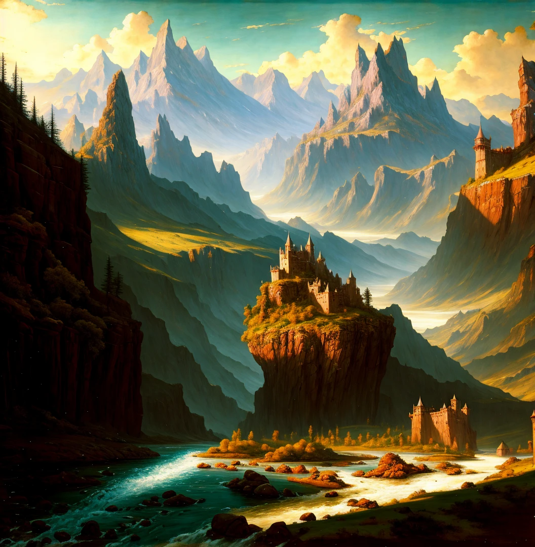 ((mastpeice)) painting of a river running through a valley with mountains in the background, distant valley, fantasy landscape painting, detailed soft painting, high fantasy landscape, oil painting dnd, inspired by Thomas Moran, middle earth landscape, mountainscape, detailed matte fantasy painting, inspired by Christophe Vacher, fantasy scenic, flowing hills, rocky mountains and a river, wlop and rhads, castle in the background, ships on the river, explorer on the rock