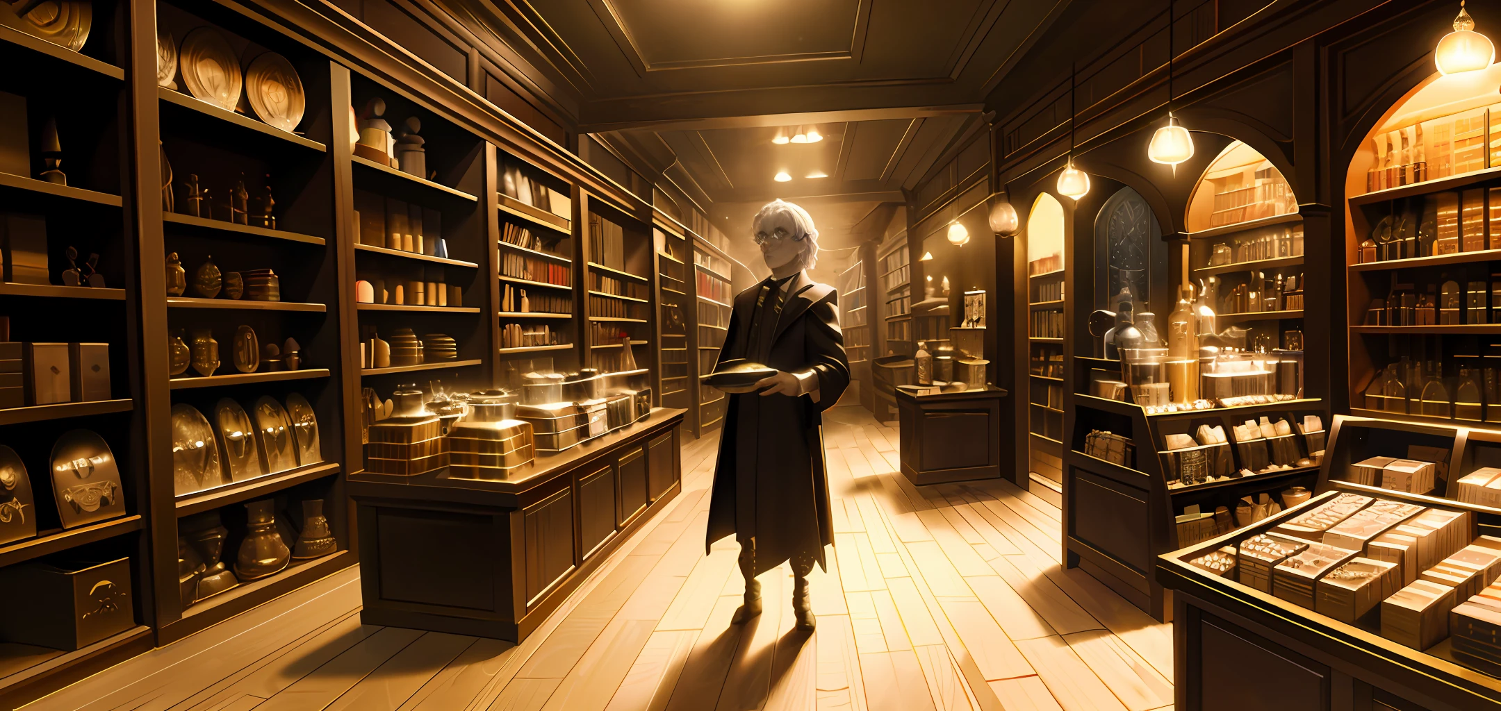 historical setting magic store inside, front view, harry potter, DIAGON ALLEY, showcase, textured, maximum detail, peltate plate, no people, Highest quality, masterpiece, magic potion, Mythological creatures