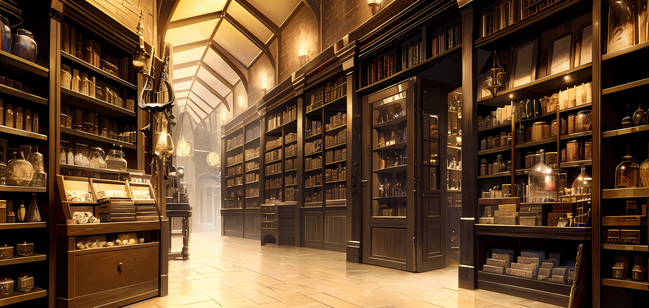 historical setting magic store inside, front view, harry potter, DIAGON ALLEY, showcase, textured, maximum detail, peltate plate, no people, Highest quality, masterpiece, magic potion, Mythological creatures