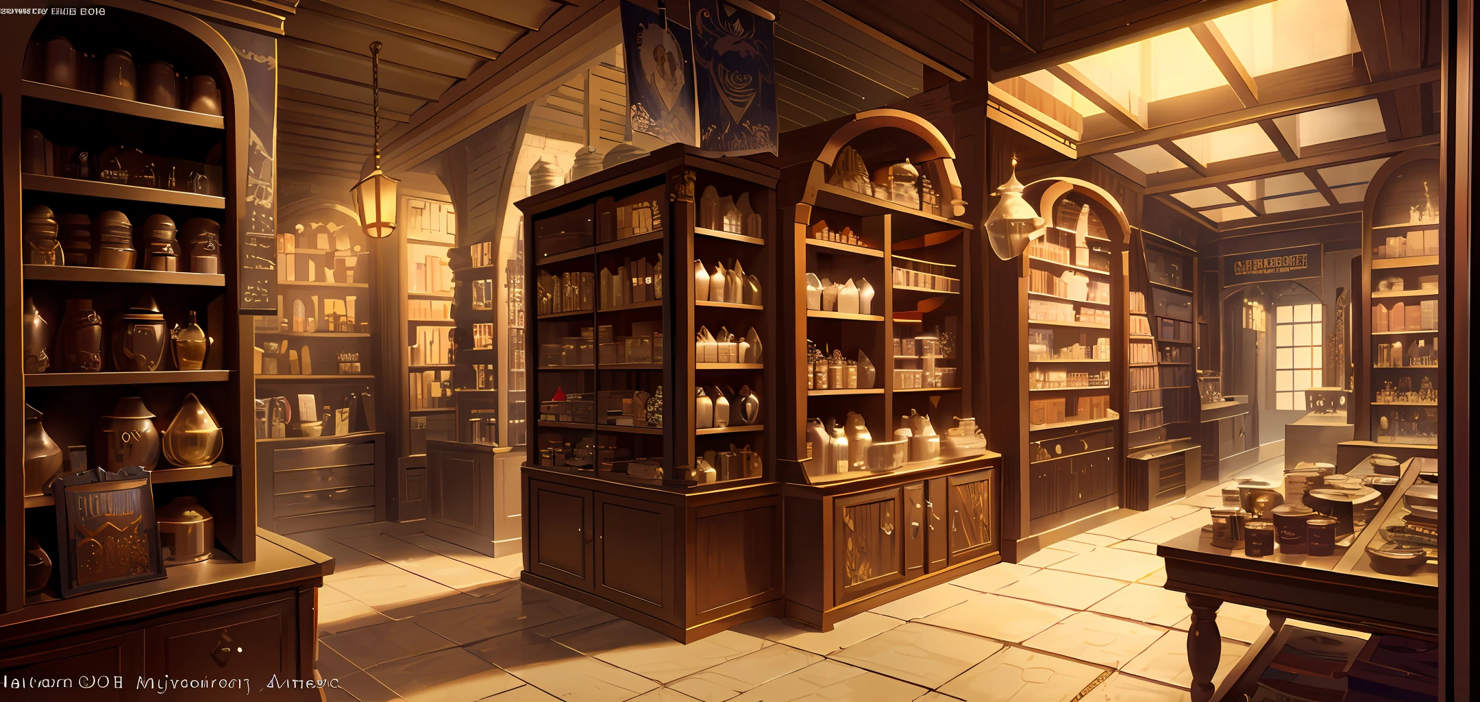 historical setting magic store inside, front view, harry potter, DIAGON ALLEY, showcase, textured, maximum detail, peltate plate, no people, Highest quality, masterpiece, magic potion, Mythological creatures