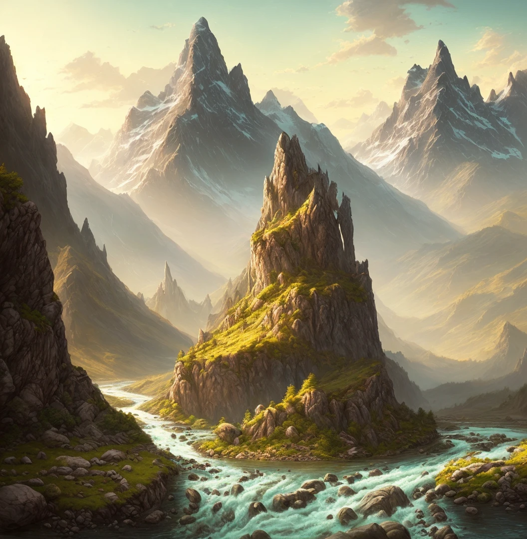 ((masterpeice)) ((realistic photo of landscape)) photo of a river running through a valley with mountains in the background, distant valley, fantasy landscape, detailed soft, high fantasy landscape, dnd, middle earth landscape, mountainscape, detailed matte fantasy, , fantasy scenic, flowing hills, rocky mountains and a river, wlop and rhads, castle in the background, ships on the river, explorer on the rock, art station, digital art