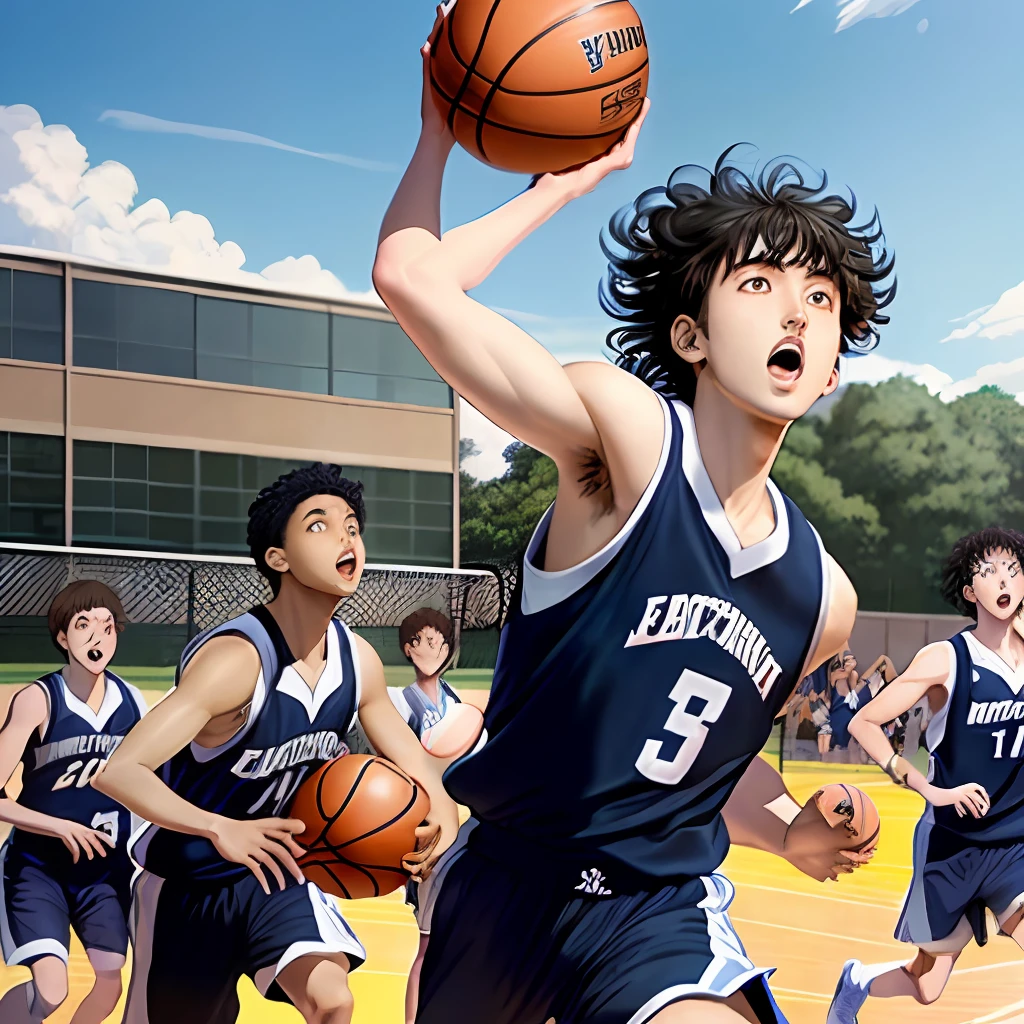 Group of high school students with basketballs playing basketball closeup, playing basketball on the playground, high detail official artwork, 1:1 hyper illustration, kentaro miura manga art style, anime artwork, hq artwork, official art book, exciting illustrations,