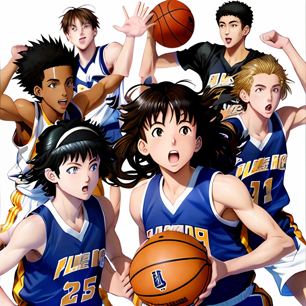 arafed image of a group of young boys playing basketball, slam dunk scene, slam dunk, official artwork, official artwork, sankakucomplex anime figure, official anime artwork, promotional art, by Hiroyuki Tajima, by Tadashi Nakayama, basketball,アニミ, author Yoshihiko Wada, official illustration