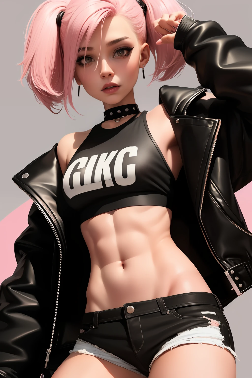 high detailed, 8k, wearing a black crop top biker jacket and jean shorts, pastel pink hair, punk rock, abs, fit, 1girl,