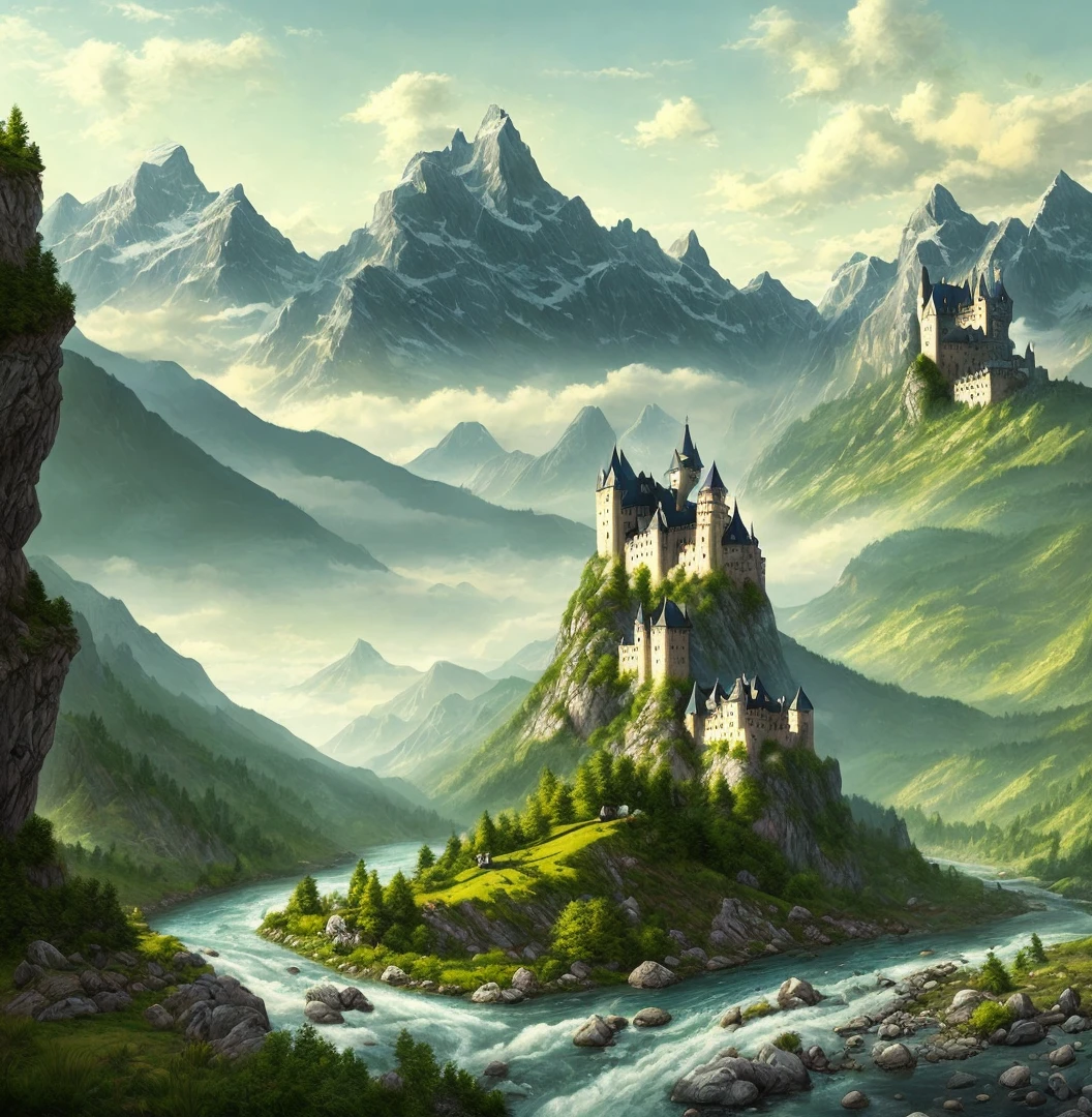 ((masterpeice)) ((realistic photo of landscape)) photo of a river running through a valley with mountains in the background, distant valley, fantasy landscape, detailed soft, high fantasy landscape, dnd, landscape, mountainscape, detailed matte fantasy, , fantasy scenic, flowing hills, rocky mountains and a river, wlop and rhads, castle in the background, ships on the river, explorer on the rock, art station, digital art, alps, ((castle in the background)) blues, greens, grays,