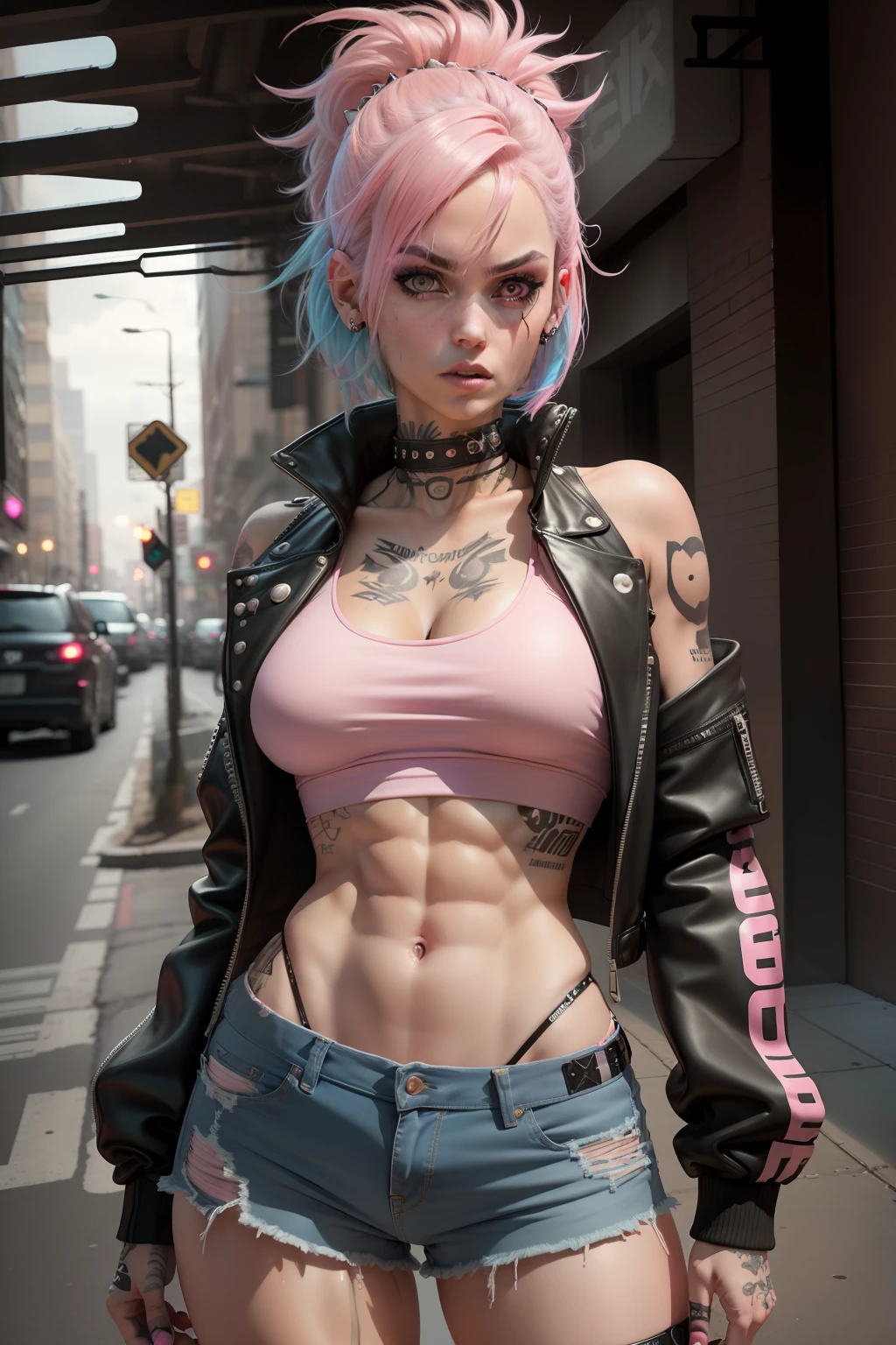 (most detailed, 8k, brilliantly executed),(punk rock vibes, high resolution, extreme attention taken to detail),(1girl),(pastel pink hair, black crop top biker jacket, jean shorts, tattoos),(athletic build, perfectly toned abs).