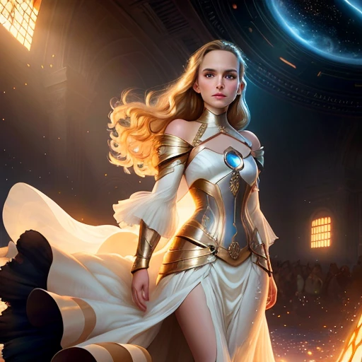 Natalie Portman, blonde, Full body, painting, luminism, intricate designed multi-layered dress, sweet, beautiful, Concept art, Digital art, High quality, Cinematic lighting, Soft lighting, Centered, Illustration, Details, Portrait, beautiful young, detailed gorgeous face, brunette, digital painting, concept art, smooth, grungy space station background, glowing in the warm light of the setting sun