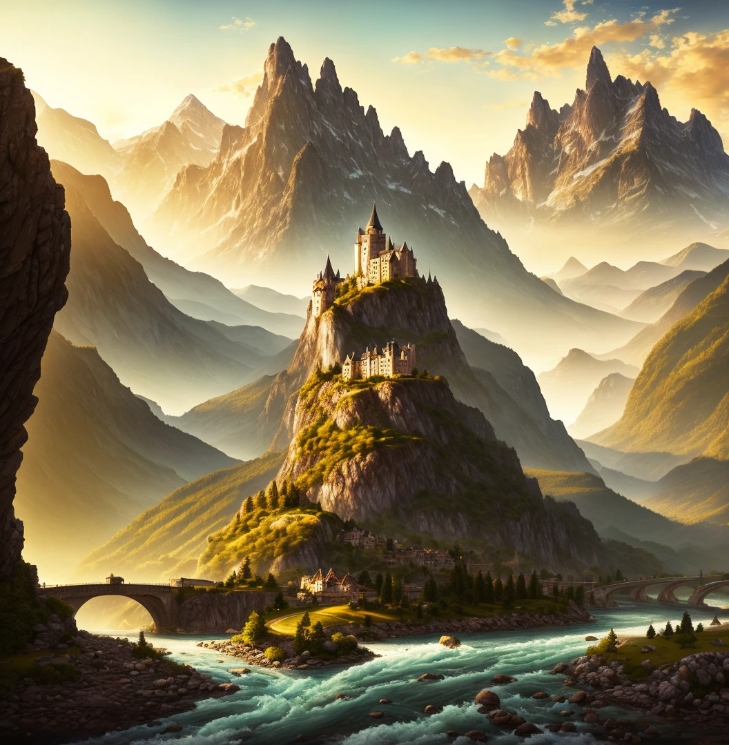((masterpeice)) ((realistic photo of landscape)) photo of a river running through a valley with mountains in the background, distant valley, fantasy landscape, detailed soft, high fantasy landscape, dnd, landscape, mountainscape, detailed matte fantasy, , fantasy scenic, flowing hills, rocky mountains and a river, wlop and rhads, castle in the background, ships on the river, explorer on the rock, art station, digital art, alps, small mountains, city covering the hills, towers, bridges, waterfalls, aquaducts,