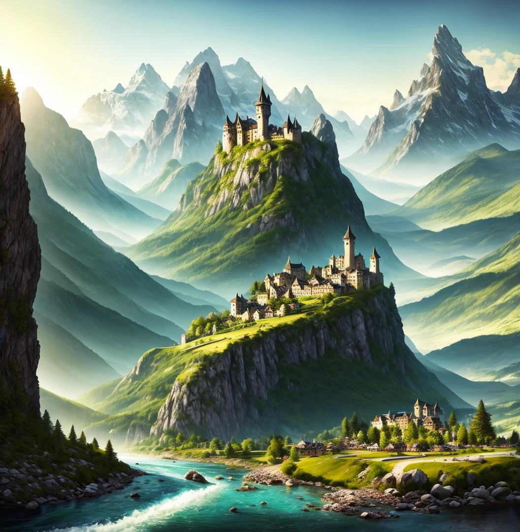 ((masterpeice)) ((realistic photo of landscape)) photo of a river running through a valley with mountains in the background, distant valley, fantasy landscape, detailed soft, high fantasy landscape, dnd, landscape, mountainscape, detailed matte fantasy, , fantasy scenic, flowing hills, rocky mountains and a river, wlop and rhads, castle in the background, ships on the river, explorer on the rock, art station, digital art, alps, blues, greens, grays, small mountains, towers, bridges, waterfalls, small hills, small towers, short mountains