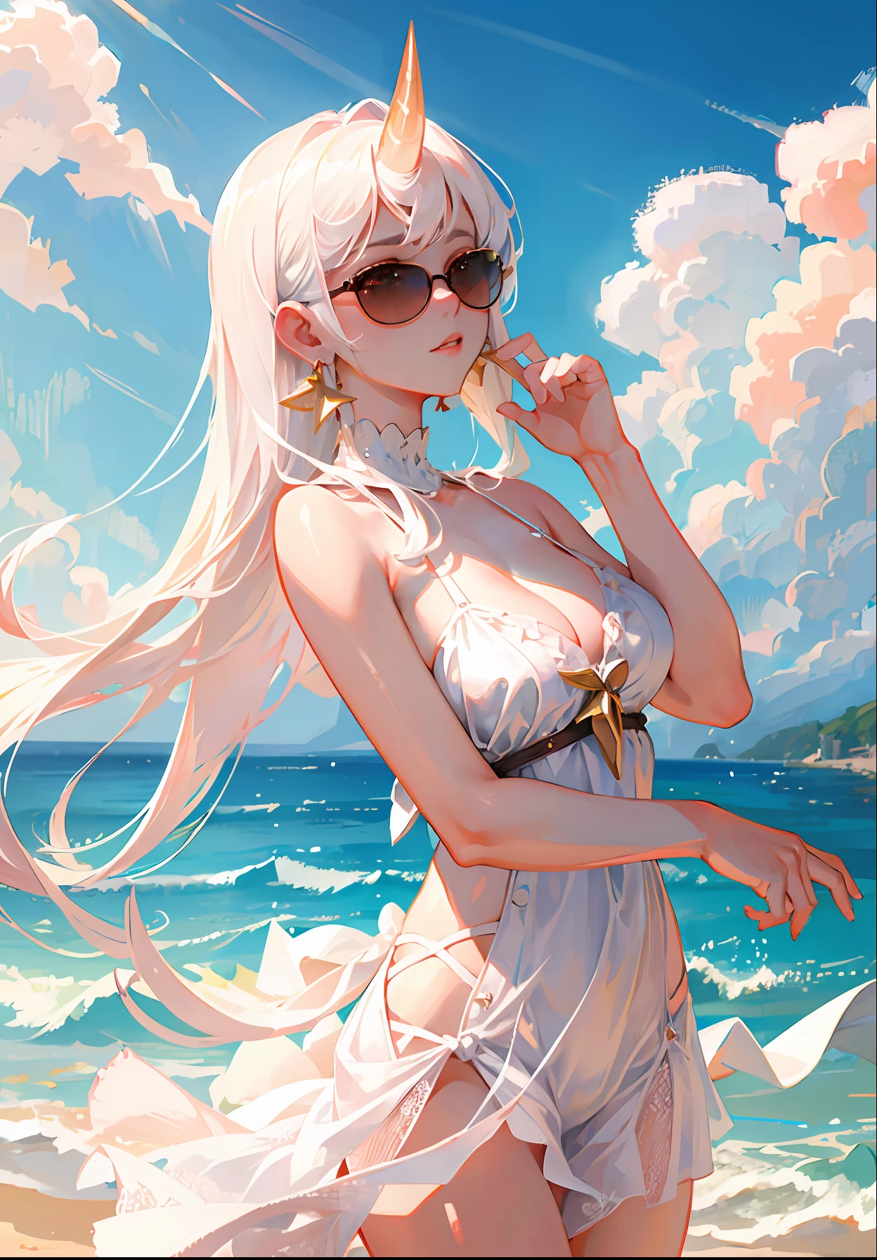 Best quality, masterpiece, ultra high res, (photorealistic:1.4), raw photo, 1girl, white hair, shiny skin, dramatic lighting, (beach), horn, earrings, white dress, sunglasses,