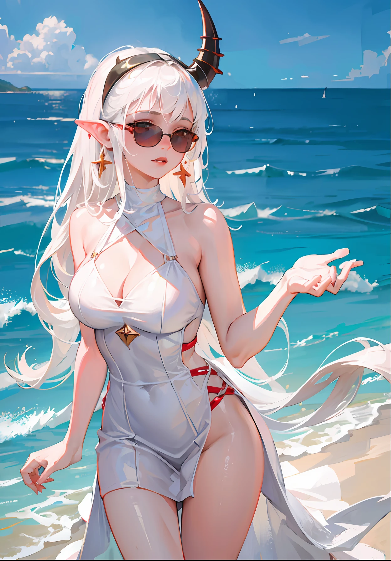 Best quality, masterpiece, ultra high res, (photorealistic:1.4), raw photo, 1girl, white hair, shiny skin, dramatic lighting, (beach), vampire, horn, earrings, white dress, sunglasses,