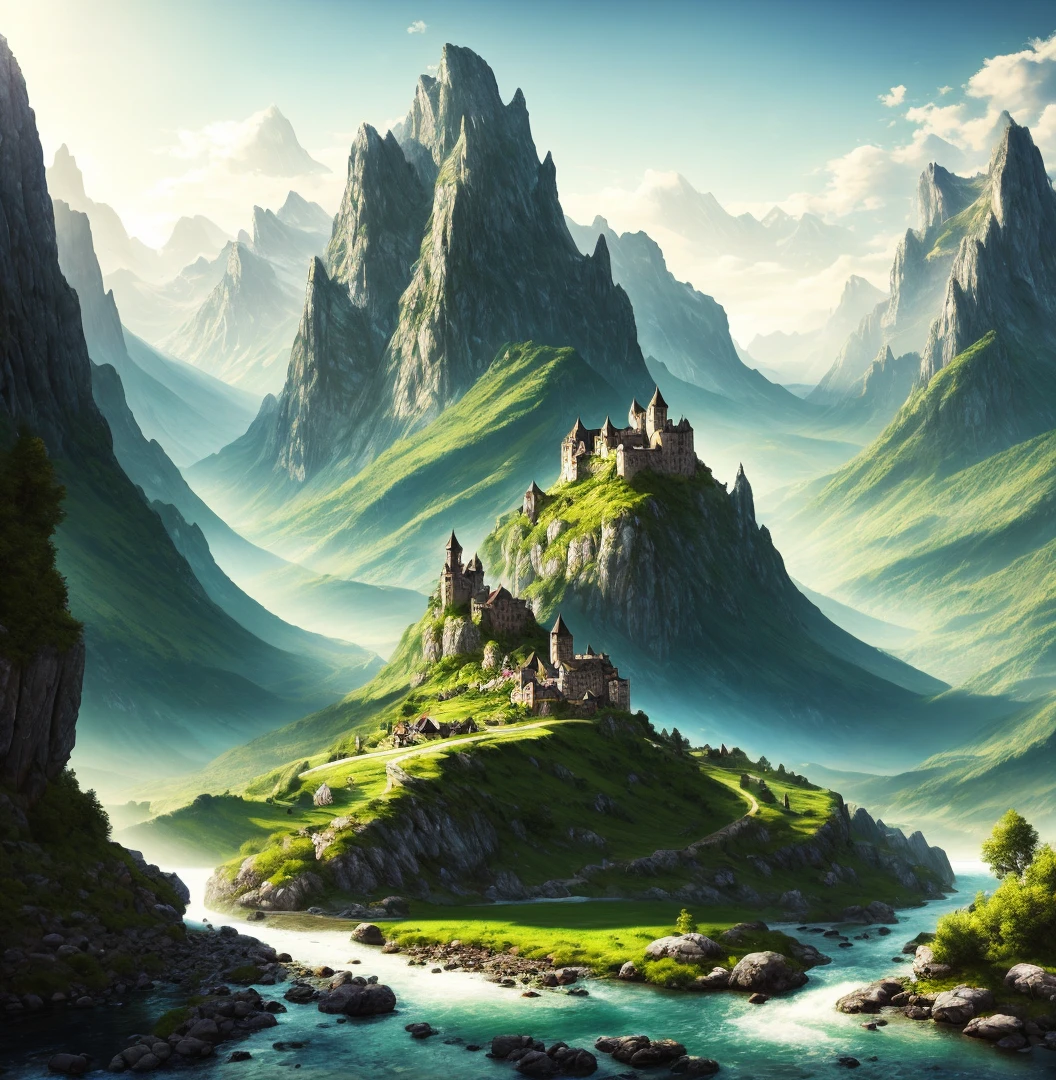 ((masterpeice)) ((realistic photo of landscape)) photo of a river running through a valley with mountains in the background, distant valley, fantasy landscape, detailed soft, high fantasy landscape, dnd, landscape, mountainscape, detailed matte fantasy, , fantasy scenic, flowing hills, rocky mountains and a river, wlop and rhads, castle in the background, ships on the river, explorer on the rock, art station, digital art, alps, blues, greens, grays, small mountains, waterfalls, small hills, short mountains