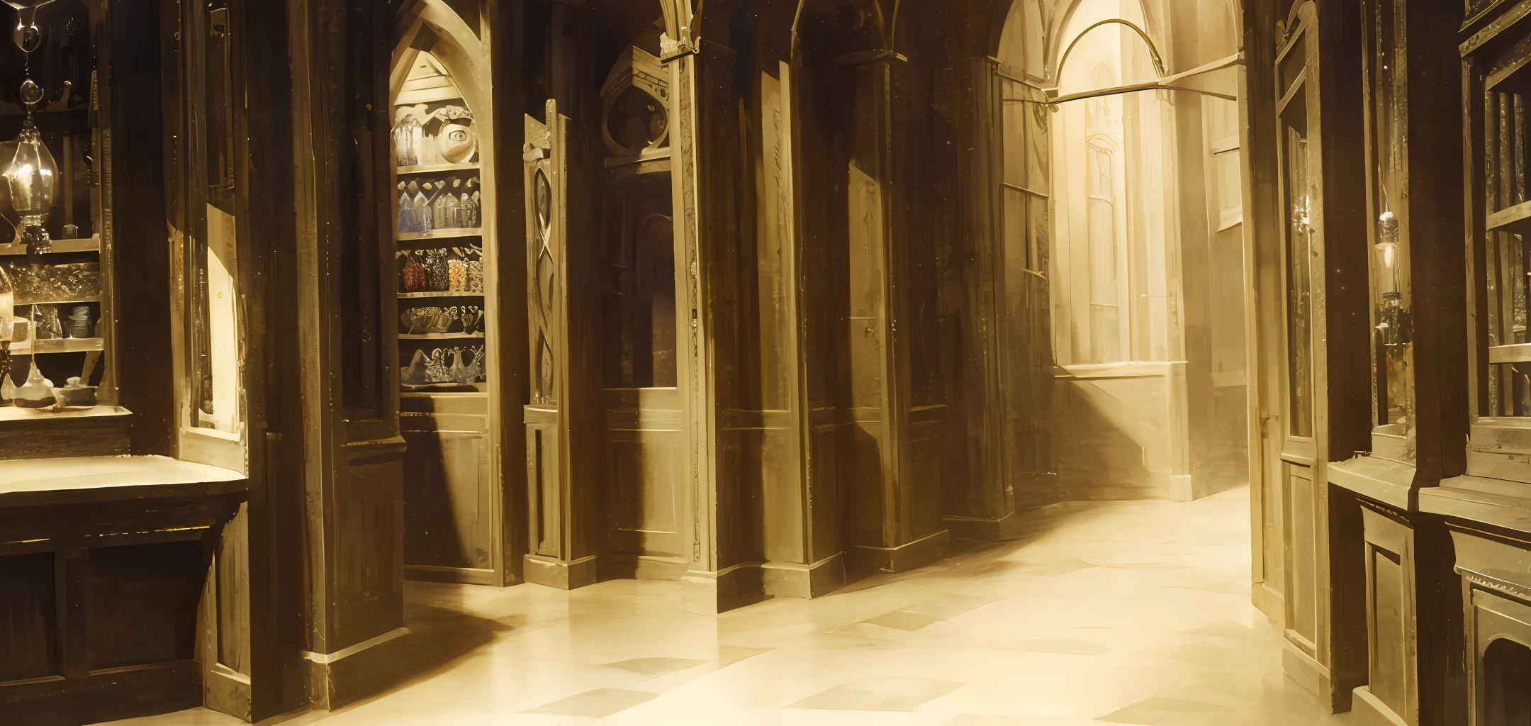 historical setting magic store inside, front view, harry potter, DIAGON ALLEY, showcase, textured, maximum detail, peltate plate, no people, Highest quality, masterpiece, magic potion, Mythological creatures