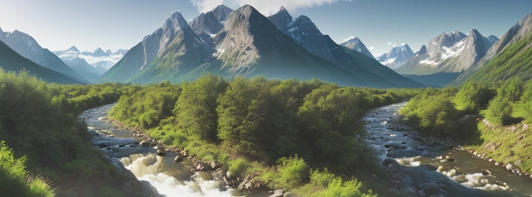 ((masterpeice)) ((realistic photo of landscape)) photo of a river running through a valley with mountains in the background,