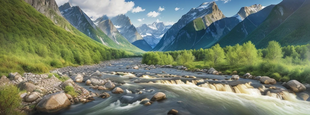 ((masterpeice)) ((realistic photo of landscape)) photo of a river running through a valley with mountains in the background, award winning photo, alps, rocky mountains,