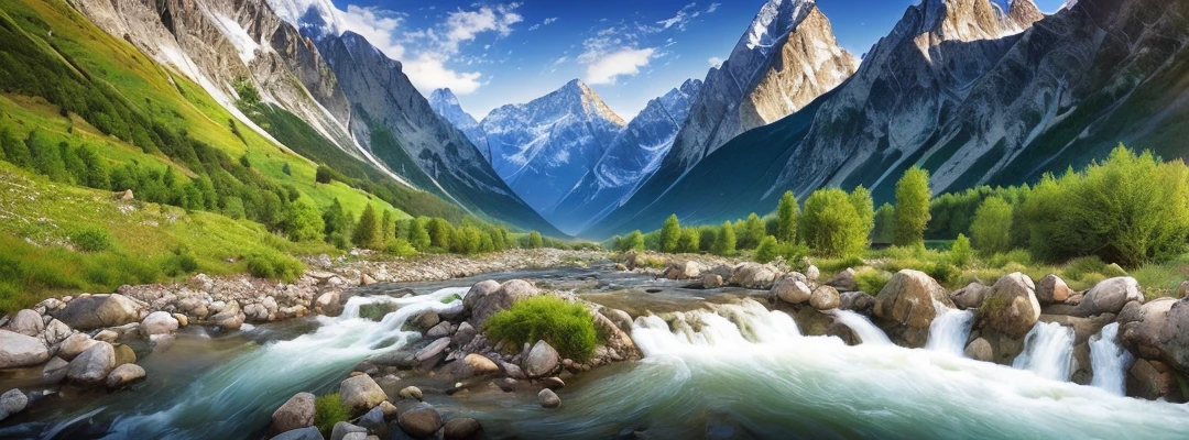 ((masterpeice)) ((realistic photo of landscape)) photo of a river running through a valley with mountains in the background, award winning photo, alps, rocky mountains,