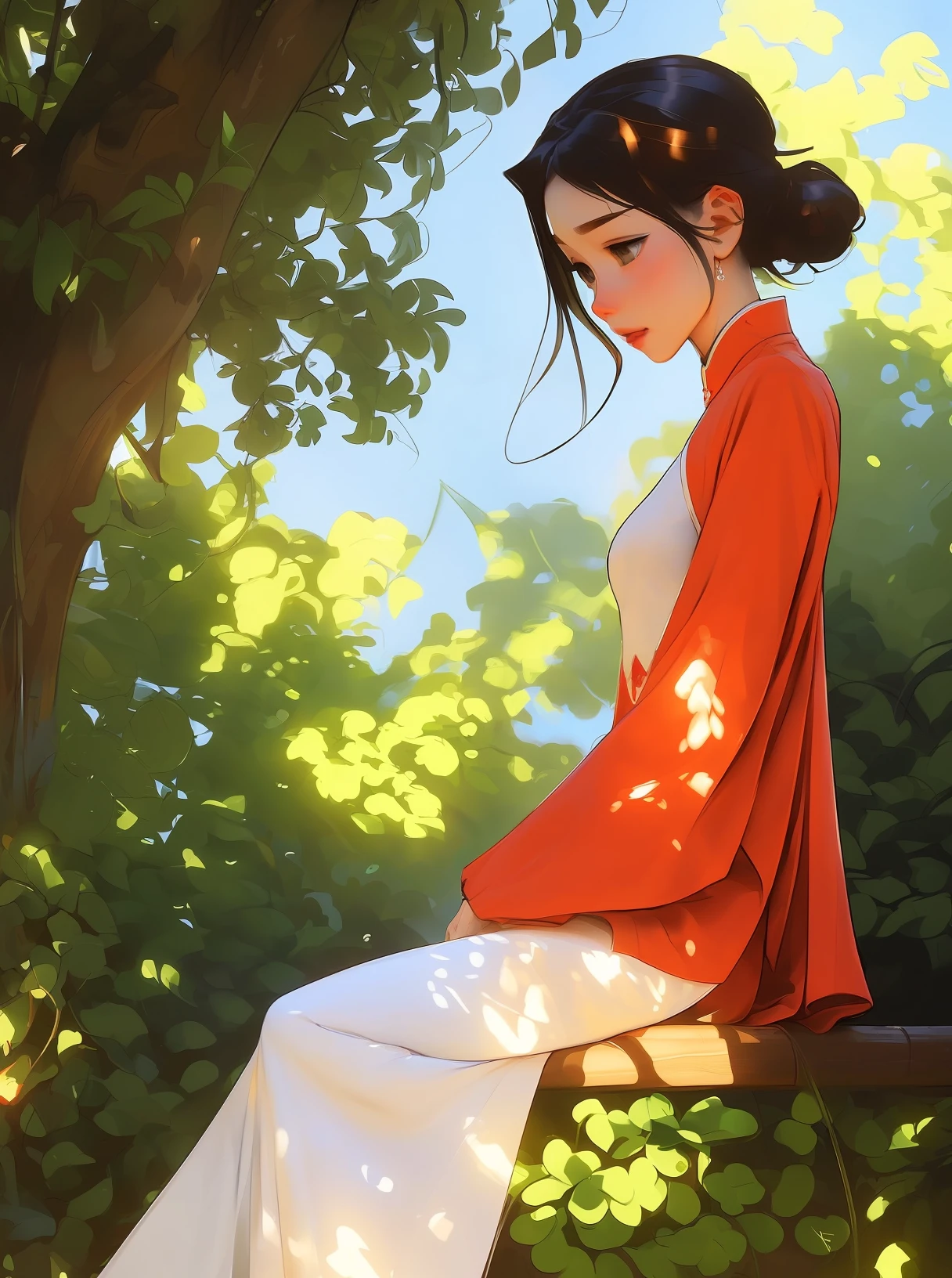 ((full body)), samdoesarts style award winning full body portrait of a beautiful woman, ((perfect feminine face)),((Chinese red cheongsam Clothes)), ((red cheongsam costumes)), (Long sleeves) Gazebo, Complex, (Beautiful Detail Eyes,Very thin eyebrows),((Hairpins, twisted hair)),(Sadness), ((tears)), (Sunlight), shaded flat illustration, digital art, trending on artstation, highly detailed, fine detail, intricate, art by artgerm and rutkowski and alphonse mucha,