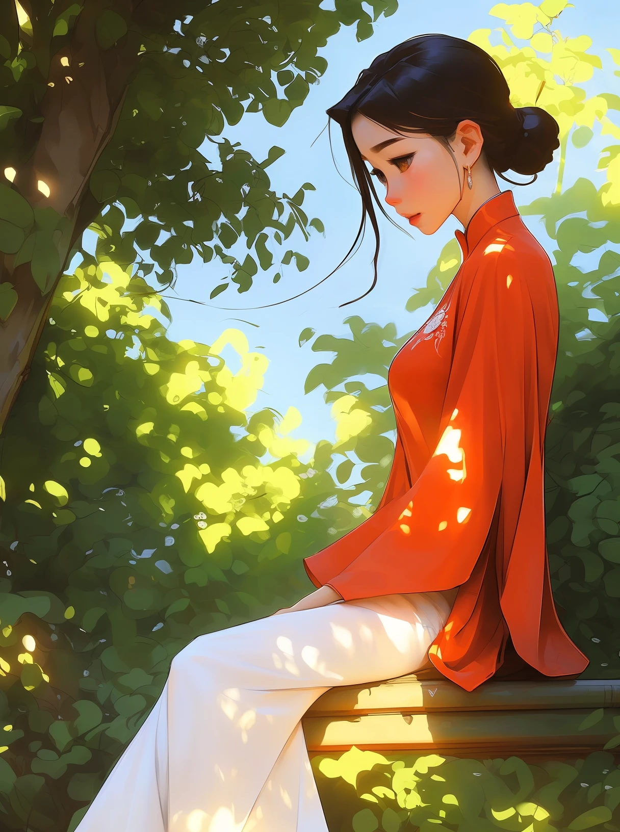 ((full body)), samdoesarts style award winning full body portrait of a beautiful woman, ((perfect feminine face)),((Chinese red cheongsam Clothes)), ((red cheongsam costumes)), (Long sleeves) Gazebo, Complex, (Beautiful Detail Eyes,Very thin eyebrows),((Hairpins, twisted hair)),(Sadness), ((tears)), (Sunlight), shaded flat illustration, digital art, trending on artstation, highly detailed, fine detail, intricate, art by artgerm and rutkowski and alphonse mucha,