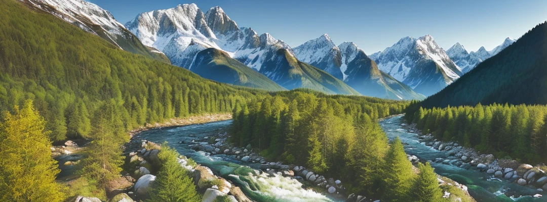 ((masterpeice)) ((realistic photo of landscape)) photo of a river running through a valley with mountains in the background, award winning photo, alps, rocky mountains, pine trees, log cabin
