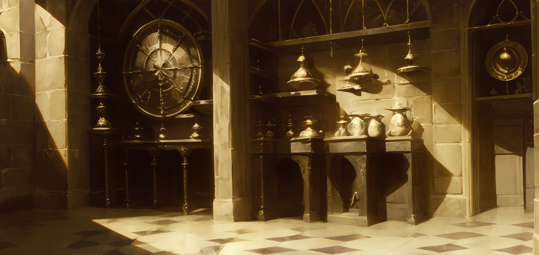 a wall of the historical setting magic store inside, front view, harry potter, DIAGON ALLEY, showcase, textured, maximum detail, peltate plate, no people, Highest quality, masterpiece, magic potion, Mythological creatures