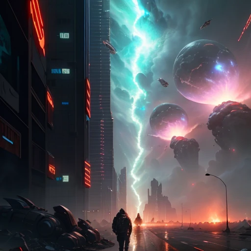 Concept CG scene, cyberpunk, doomsday, meteorite