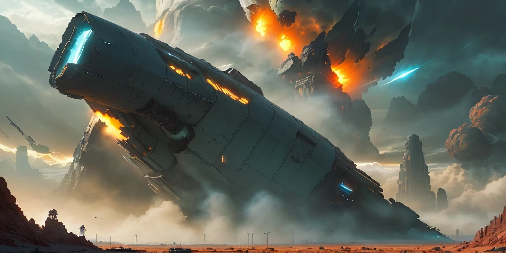 Doomsday wasteland, reloaded mechs, concept scene, spaceship wreckage, sky collapse, meteorite fall, large scene, visually stunning, (epic scene), magnificent atmosphere, strong contrast, cinematic texture, overhead shot, ((((((((strong sense of design) ))),