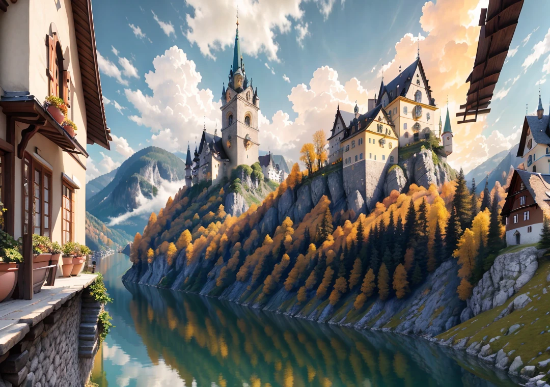 masterpiece, best quality, high quality, extremely detailed CG, unity, 8k, wallpaper, scenery, sky, cloud, day,(singel build), (architectural design ),(((Hallstatt small town style))), Swiss and Austrian rural architectural style, clear structure, looking up a little bit from head to toe, adding some fantasy elements to the building, going again, cute, exquisite,