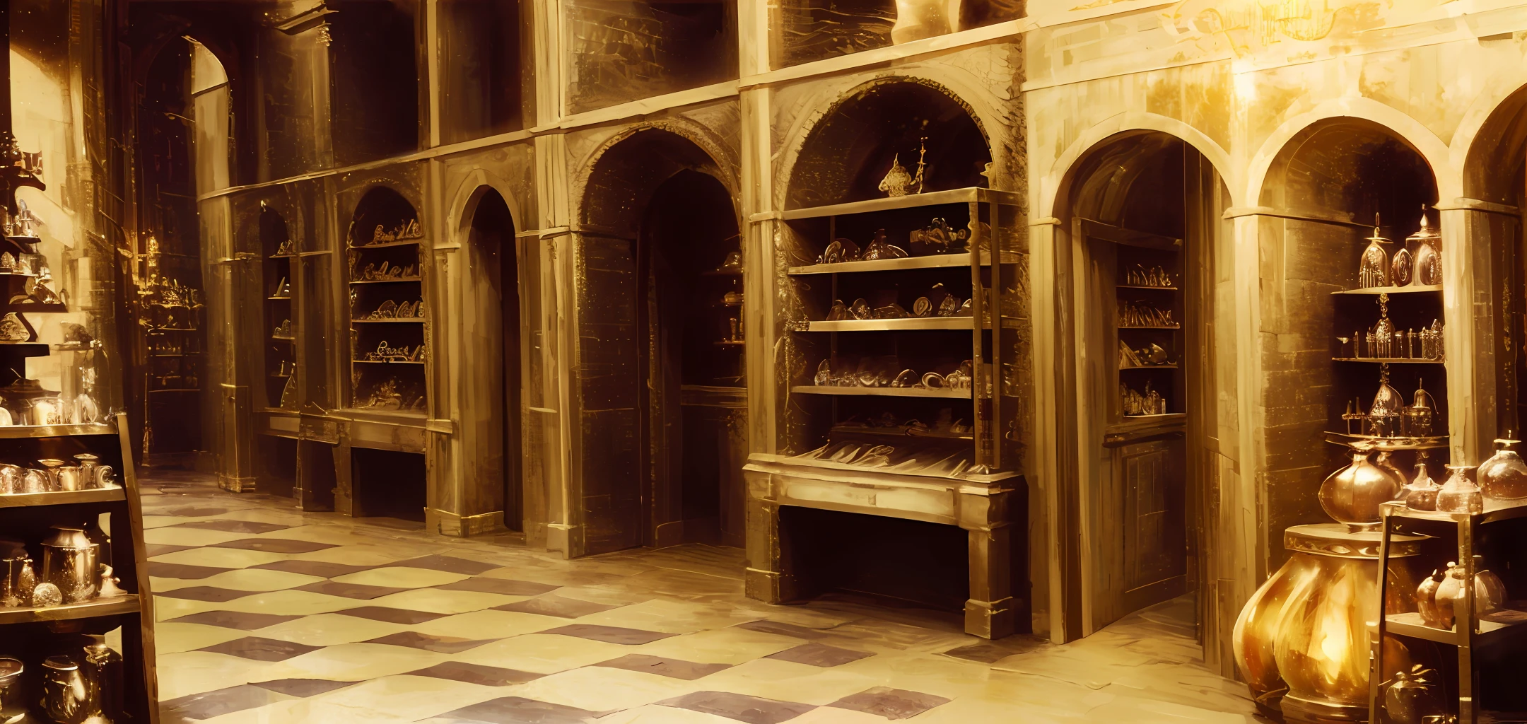 in fornt of a showcase in the historical setting magic store, front view, harry potter, DIAGON ALLEY, textured, maximum detail, peltate plate, no people, Highest quality, masterpiece, magic potion, Mythological creatures