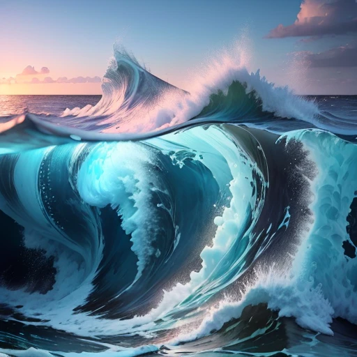 summer, there is a toothbrush in the center of the screen. The lower half of the toothbrush is below the sea surface, and the upper half is above the sea surface. Surrounded by sea blue and aggressive waves, the sky is above, with a clear rainbow in the sky and ice below. Super detail, 8k, light shines from the front left