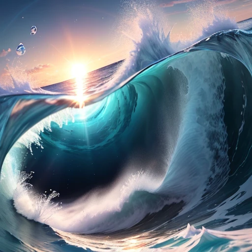 In summer, (with a super large toothbrush in the center of the screen, the lower part of the toothbrush is below the sea surface and the upper part is above the sea surface: 1.2), surrounded by sea blue and aggressive waves, with the sky above and a clear rainbow in the sky. Below is ice, with super details, 8k. Light shines from the front left