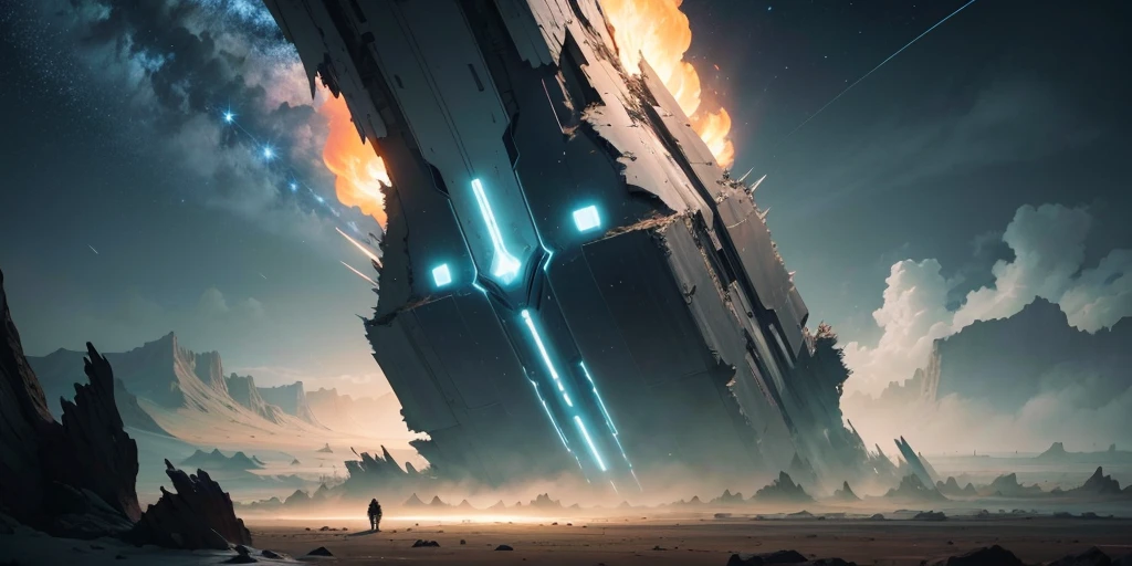 Over the barren landform on the alien star, the originally clear blue sky was weakened into endless darkness, and the air was stained with deep ominousness and sadness. In the strong picture contrast and movie-like texture, the sparks of the spaceship collision, the falling of the spaceship wreckage and the collapse of the sky are shown. The epic scene in the screen has a strong sense of design, widening the sense of space is the best choice to distinguish it from many scenes, and looking down at the camera can better express a broad and magnificent momentum.