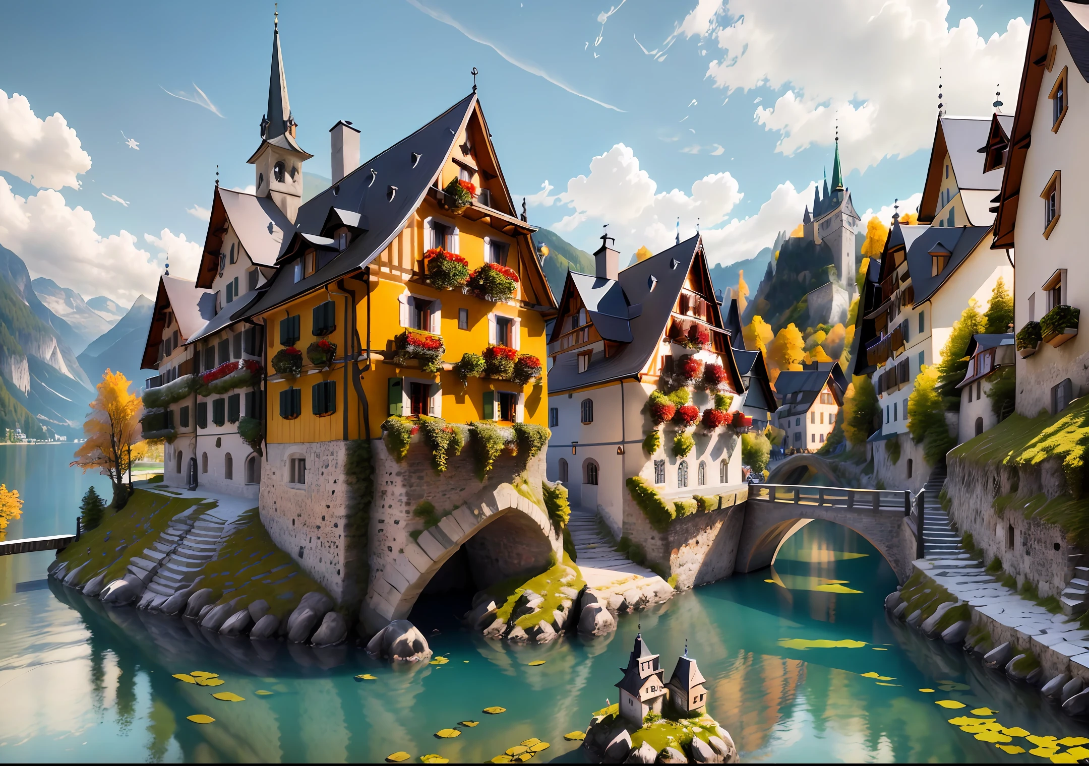 masterpiece, best quality, high quality, extremely detailed CG, unity, 8k,(((singel build))), (architectural design ),(((Hallstatt small town style))), Swiss and Austrian rural architectural style, clear structure, ((adding some fantasy elements to the building)), (cute), exquisite,