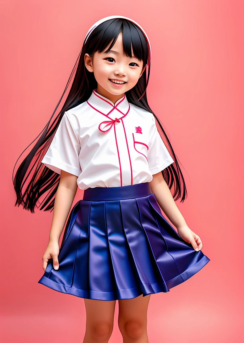 Fashion photography of children, school uniform skirt, strong sense of design, medium shot, , Chinese little girl, loir accessories, delicate skin, happy laughing, simple background, high texture, glare backlight, photography Shed Professional Lighting