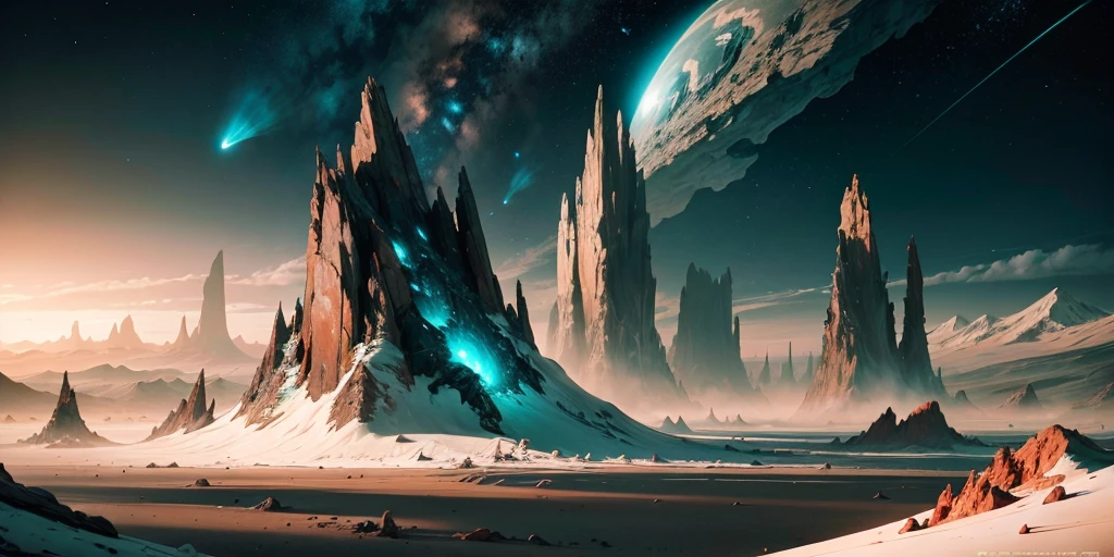 Alien landforms, strong contrast, movie texture, spaceship wreckage, spaceship collision, explosion, sky collapse, meteorite fall, epic scene, overlooking the camera, strong sense of design, widened sense of space, clear distinction, overlooking the camera.