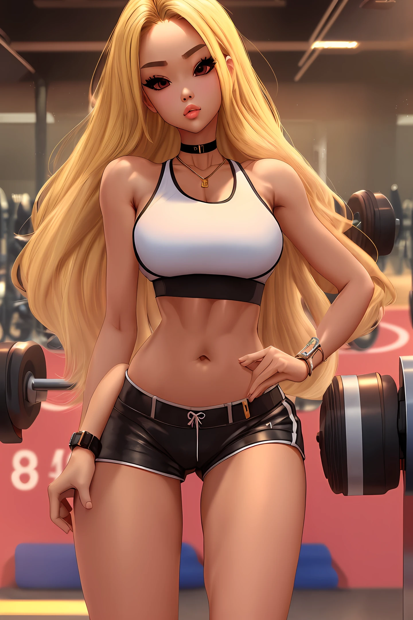 , high detailed, 8k, blonde hair, 1girl, crop top, gym shorts, choker, petite, long hair