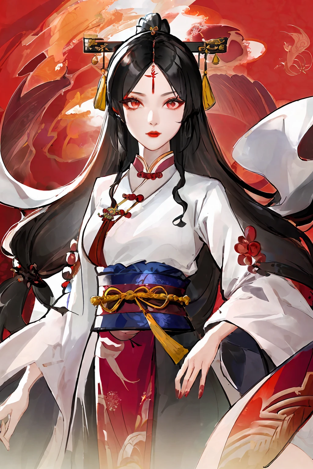 guigubahuang,1girl, ((perfect feminine face)), solo, Chinese style,black hair, (Hairpins, twisted hair), solo, hanfu, jewelry, necklace, white background, chinese clothes, long hair, simple background, long sleeves, hair ornament, shawl, sash, red lips