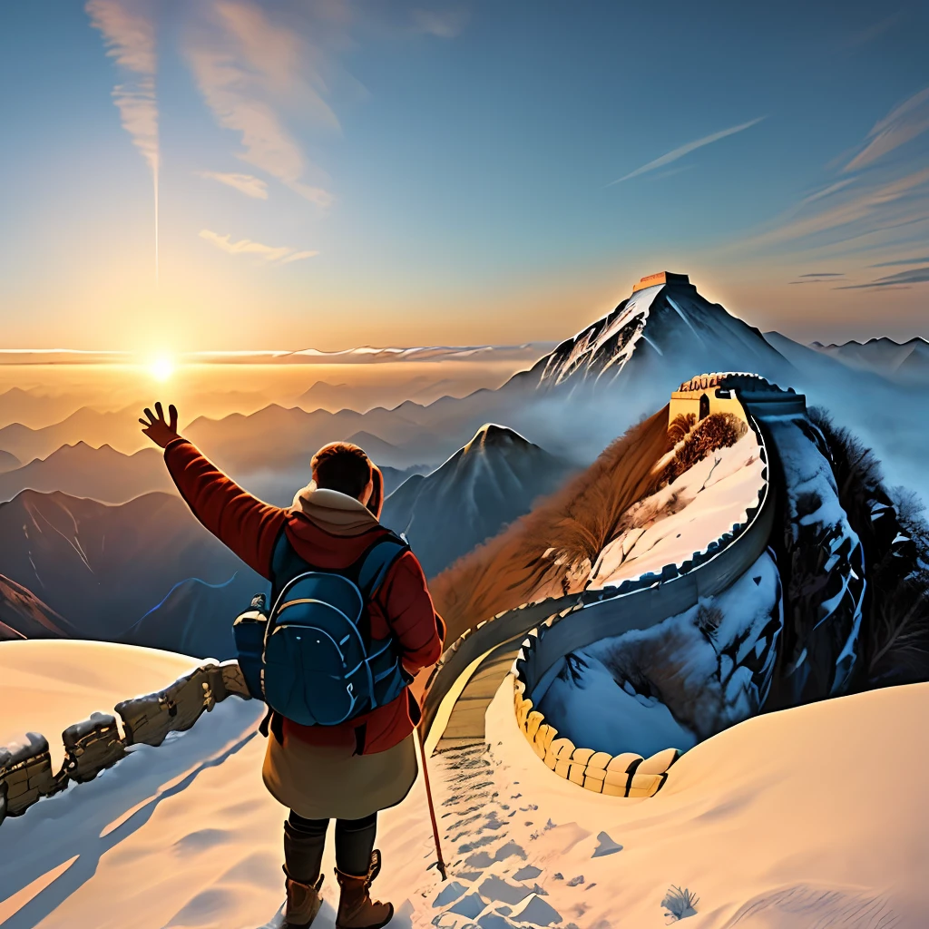 The Great Wall ，a man stands at the beginning of the screen with its arms outstretched and its back facing the screen, carrying an OIWAS backpack on its back. It occupies the center of the screen, leaving half of the space above, and the Great Wall extends into the distance. In winter, it snows.