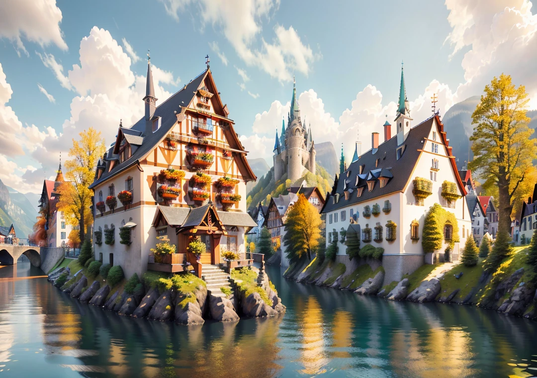 (((singel build))), beautiful isometric game art,(architectural design ),building at the center of vision,(((Hallstatt small town style))), Swiss and Austrian rural architectural style, clear structure, ((adding some fantasy elements to the building)), (cute), exquisite,masterpiece, best quality, high quality, extremely detailed CG, unity, 8k,