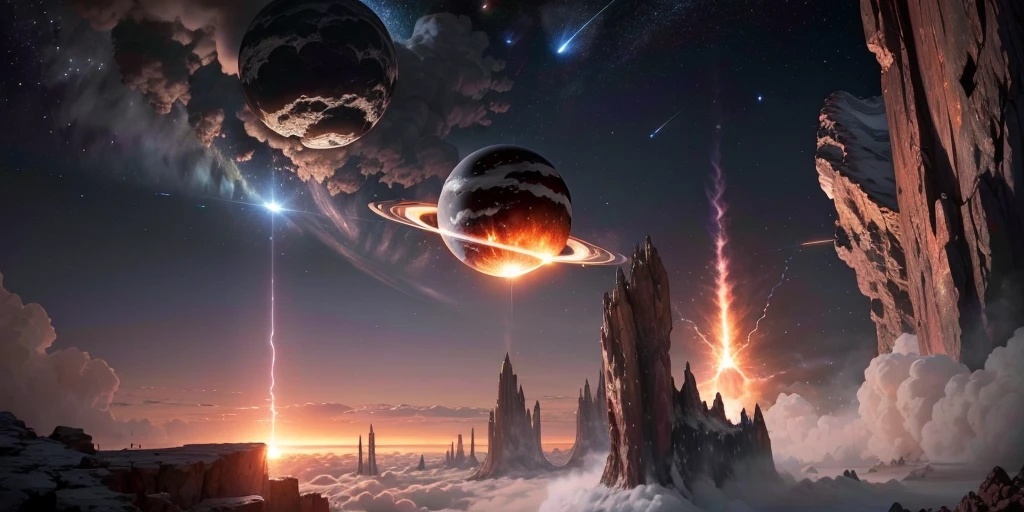Falling meteorite, (((the planet uses its own energy to block the falling meteorite))), epic scene, grand scene,
