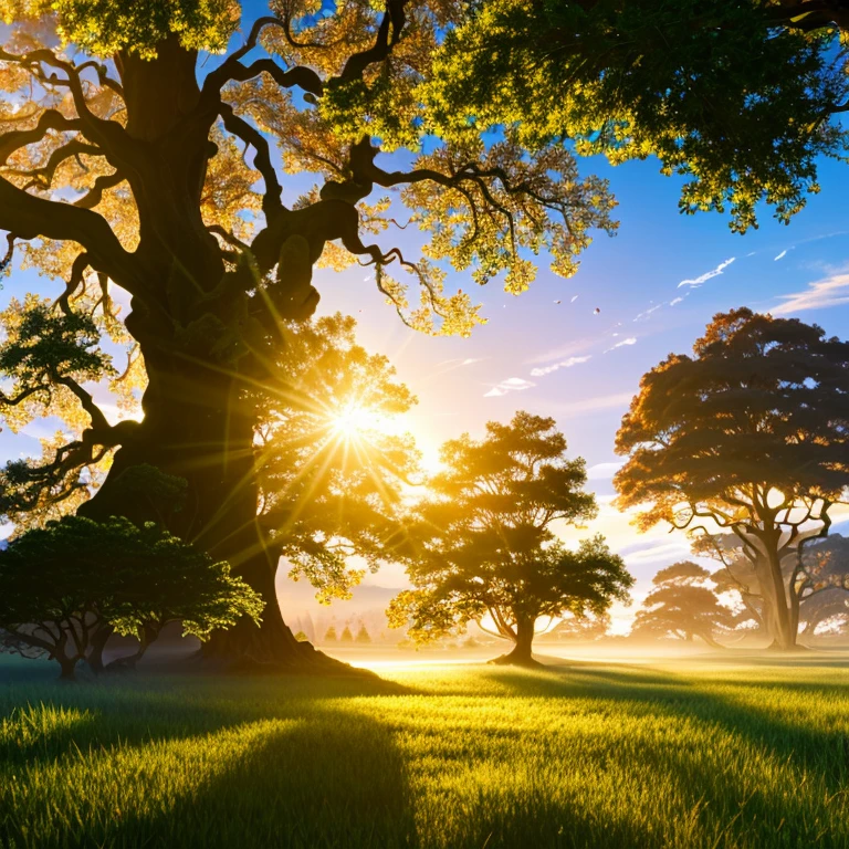 This is an illustration (8K resolution, best quality) of a surreal, otherworldly, hyper-sky scene, which depicts a huge ancient towering tree with intricate branch details, surrounding river, Tree holes, glow, fog, landscapes, giant trees, lush leaves, beautiful and dreamy leaves surrounded by birds, sunlight penetrating the leaves. Volumetric lighting and beautiful lighting effects in realistic proportions, mountains stretching in the distance, as if this is a movie scene, highest quality, ultra-detailed details.
