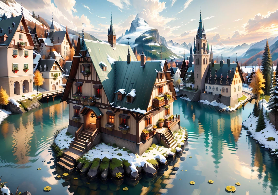 (((singel build))), beautiful isometric game art,(architectural design ),building at the center of vision,(((Hallstatt small town style))), Swiss and Austrian rural architectural style, clear structure, ((adding some fantasy elements to the building)), (cute), exquisite,masterpiece, best quality, high quality, extremely detailed CG, unity, 8k,