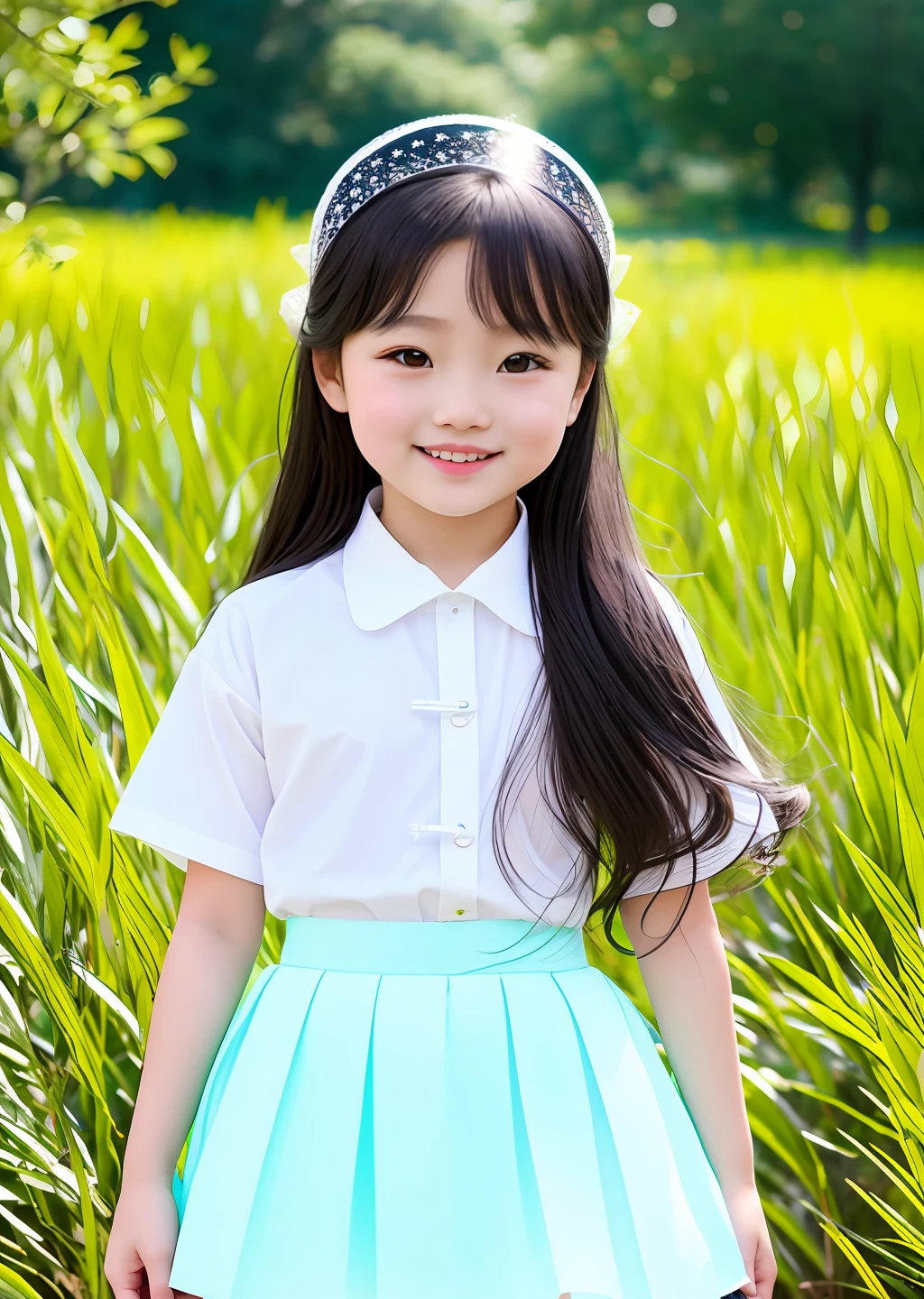 Fashion photography of children, school uniform skirt, strong sense of design, medium shot, 8--old l, Chinese little long hair, hair accessories, delicate skin, happy laughing, simple background, high texture, glare backlight, photography Shed Professional Lighting