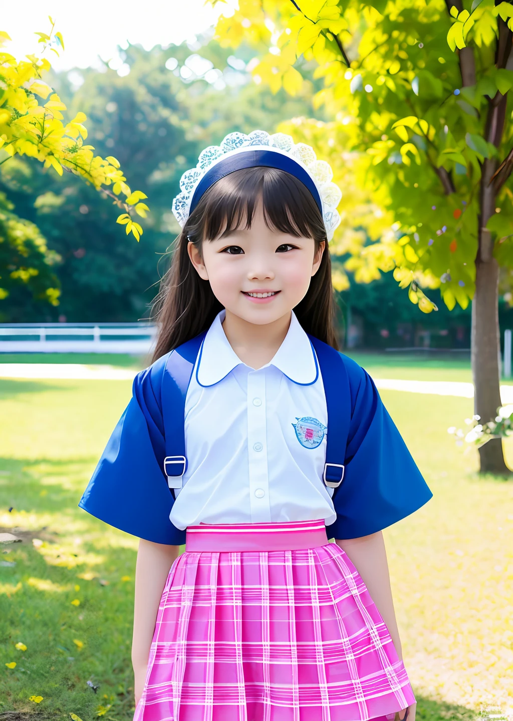 Fashion photography of children, school uniform skirt, strong sense of design, medium shot, , Chinese little girl, loir accessories, delicate skin, happy laughing, simple background, high texture, glare backlight, photography Shed Professional Lighting