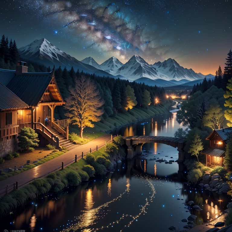 (8K resolution, highest quality, ultra-detailed, elegant, tree details, river details, rolling valleys, deep night sky, surrounded by fireflies, beautiful birds, lush leaves, town lights, distant mountains, beautiful volume light effects)