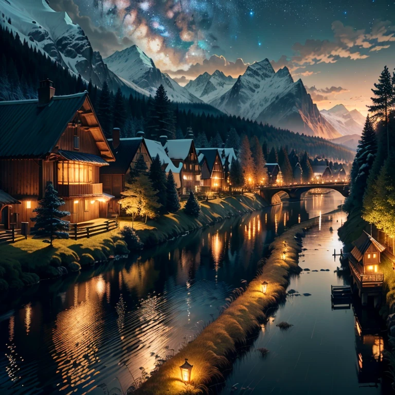 (8K resolution, highest quality, super detailed, elegant, tree details, river details, rolling valleys, (far view), forest, dreamy night sky, lights, wooden houses, lush leaves, town lights, distant mountains, beautiful volume light effects ), Wide Angle, (8k), (4k), (Masterpiece), (Best Quality),