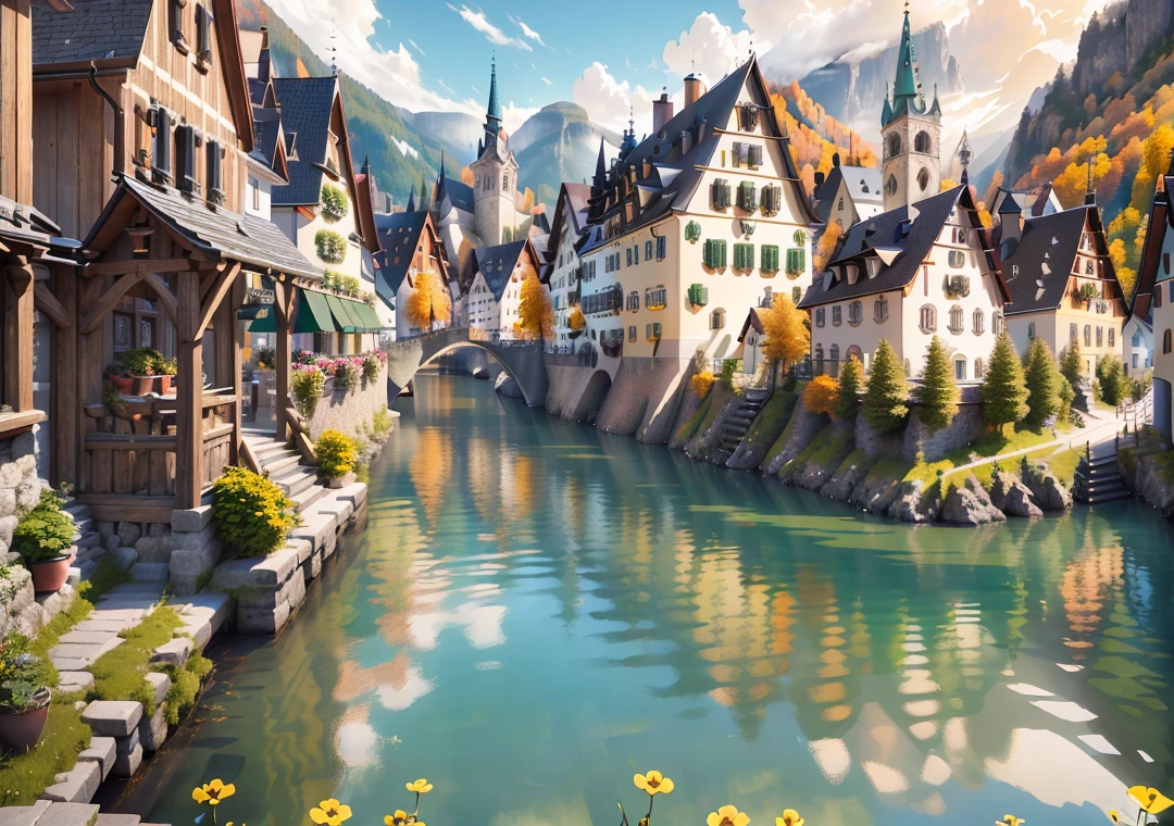 (((singel build:1.2))),(architectural design ),building at the center of vision,(((Hallstatt small town architectural style))), Swiss and Austrian rural architectural style, clear structure, ((adding some fantasy elements to the building)), (cute), exquisite,masterpiece, best quality, high quality, extremely detailed CG, unity, 8k, beautiful game art,